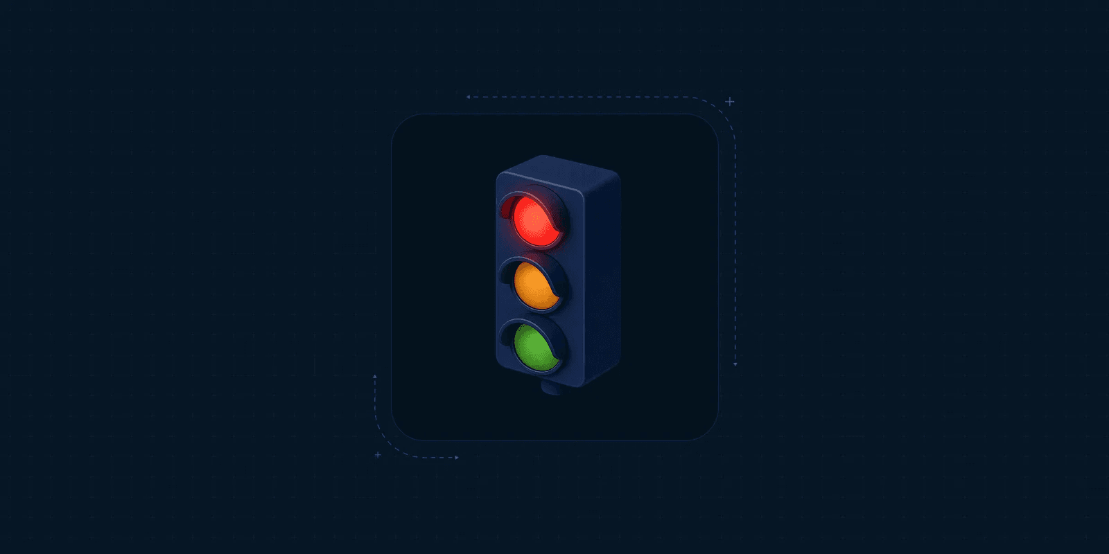 A 3D illustration of a traffic light with the red light illuminated.